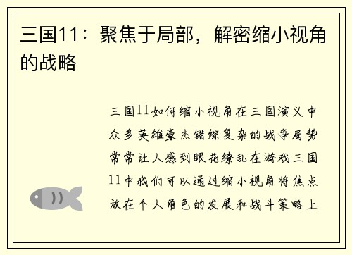 三国11：聚焦于局部，解密缩小视角的战略